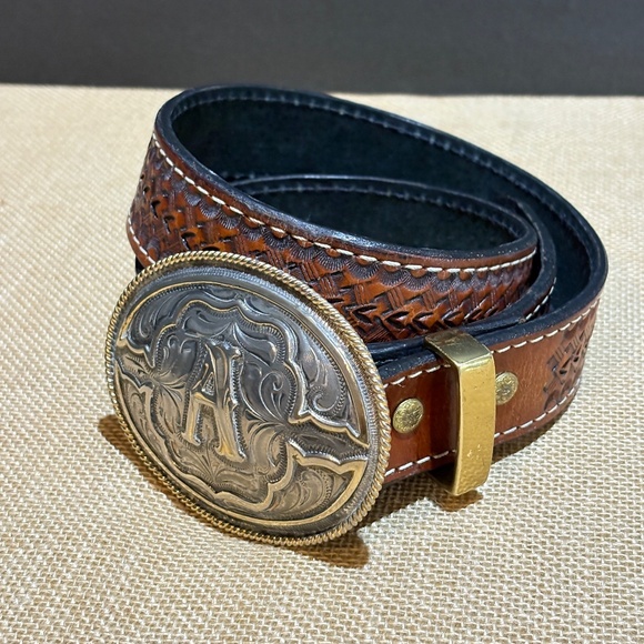 VTG Silver Plated? Western Belt Buckle on Brown Bonded leather Tooled Belt 34/36 - Picture 6 of 16